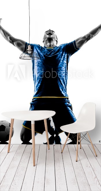 Picture of one caucasian soccer player man happy celebration in silhouette isolated on white background